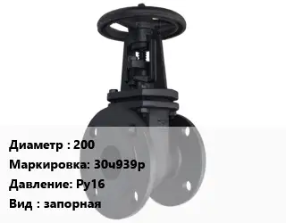Задвижка чугунная 200 30ч939р Ру16 запорная